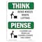 Signmission OSHA THINK Sign, Bend Knees When Lifting Bilingual, 7in X 5in Decal, 5" W, 7" L, Landscape OS-TS-D-57-L-11807 - alternate 1